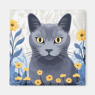 Russian Blue Cat Yellow Flowers Magnet