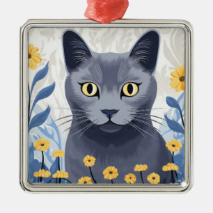 Russian Blue Cat Yellow Flowers Metal Tree Decoration