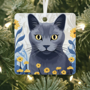 Russian Blue Cat Yellow Flowers Metal Tree Decoration