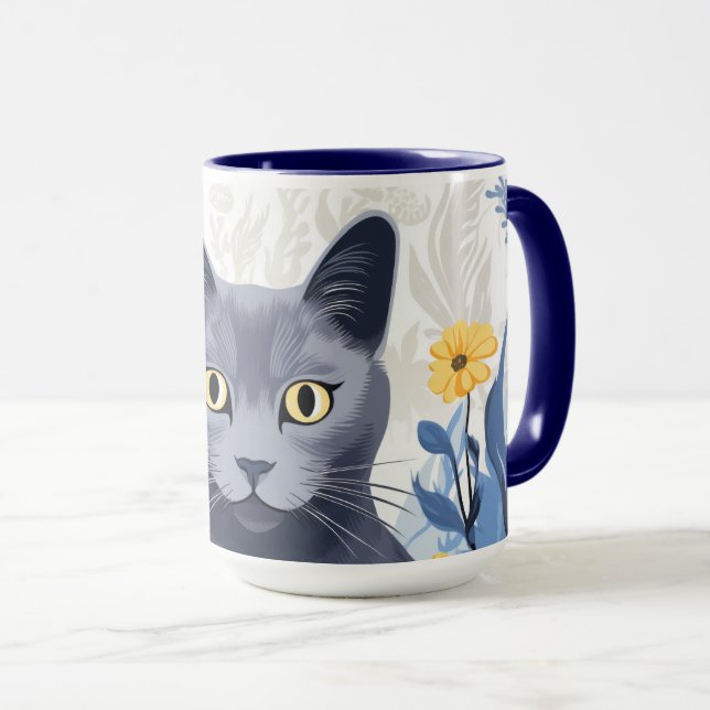 Russian Blue Cat Yellow Flowers Mug (Front Right)