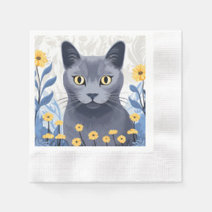 Russian Blue Cat Yellow Flowers Napkin
