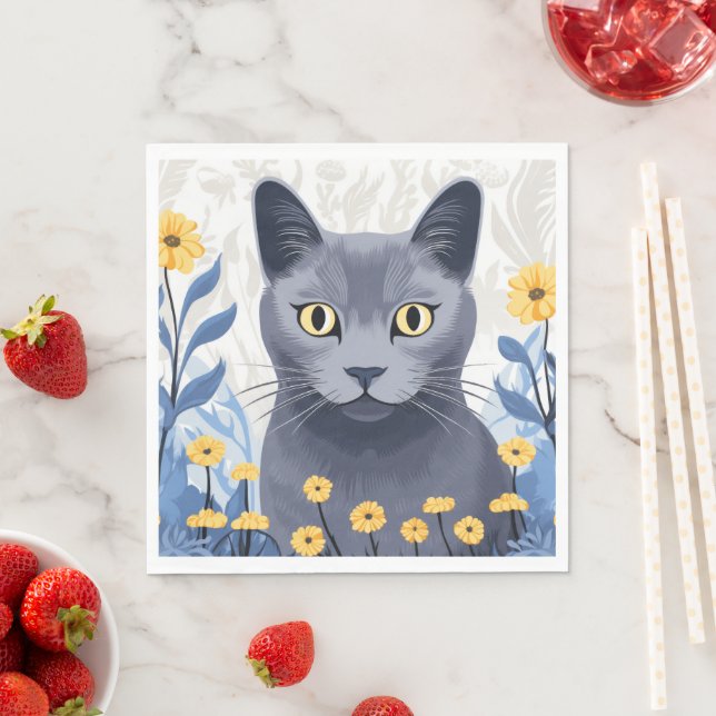 Russian Blue Cat Yellow Flowers Napkin (Insitu)
