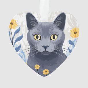 Russian Blue Cat Yellow Flowers Ornament
