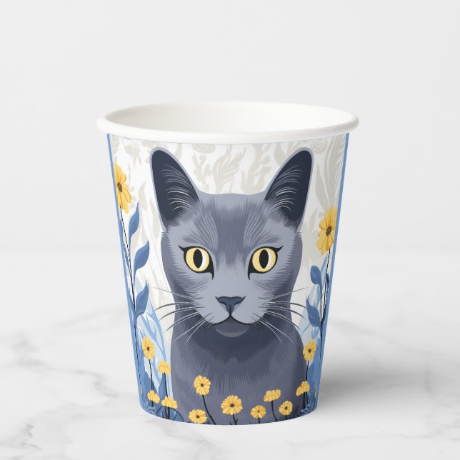 Russian Blue Cat Yellow Flowers Paper Cups (Front)