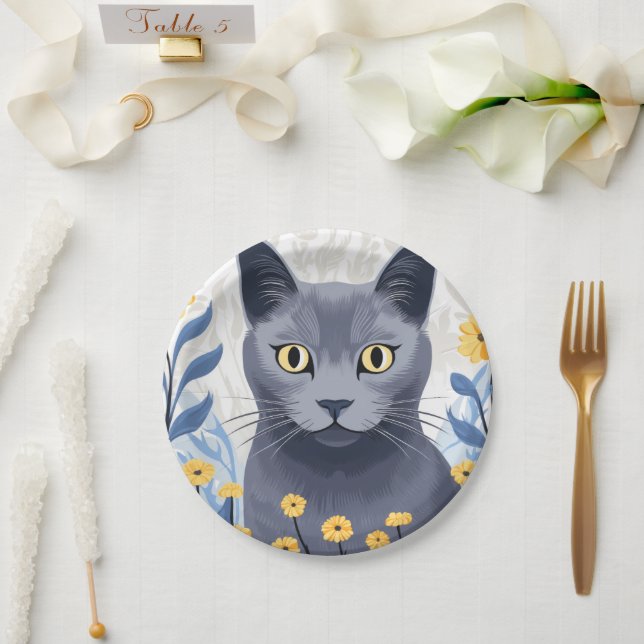 Russian Blue Cat Yellow Flowers Paper Plate (Wedding)