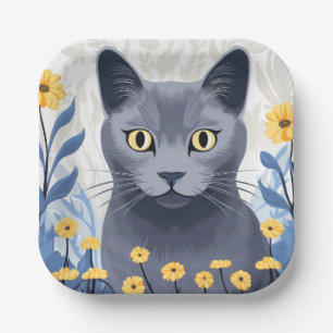 Russian Blue Cat Yellow Flowers Paper Plate