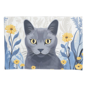 Russian Blue Cat Yellow Flowers Pillowcase