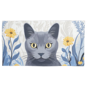 Russian Blue Cat Yellow Flowers Pillowcase