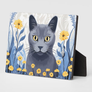 Russian Blue Cat Yellow Flowers Plaque