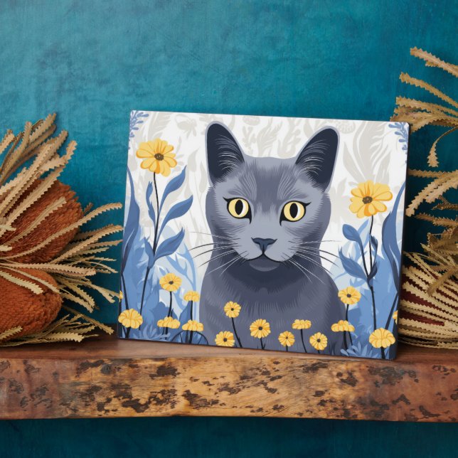 Russian Blue Cat Yellow Flowers Plaque (Side)