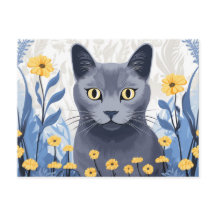 Russian Blue Cat Yellow Flowers