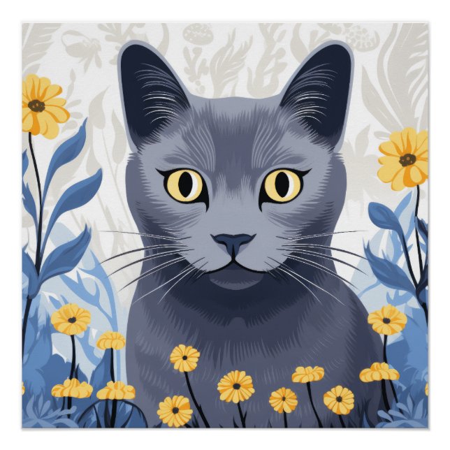 Russian Blue Cat Yellow Flowers Poster (Front)
