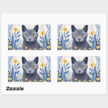Russian Blue Cat Yellow Flowers