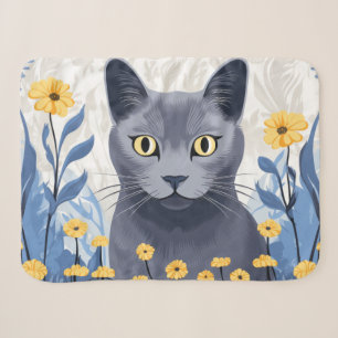 Russian Blue Cat Yellow Flowers Sherpa Blanket