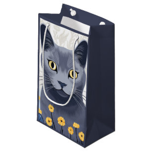 Russian Blue Cat Yellow Flowers Small Gift Bag