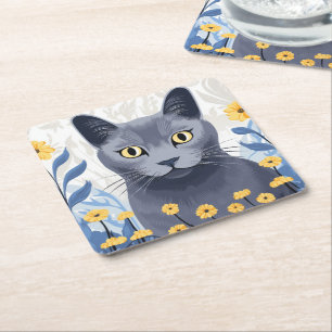 Russian Blue Cat Yellow Flowers Square Paper Coaster