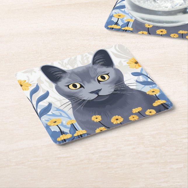 Russian Blue Cat Yellow Flowers Square Paper Coaster (Angled)