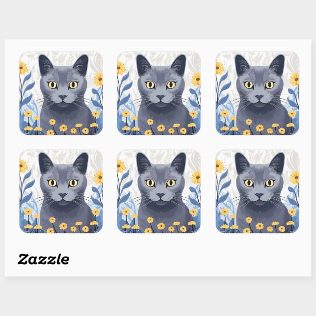 Russian Blue Cat Yellow Flowers Square Sticker (Sheet)