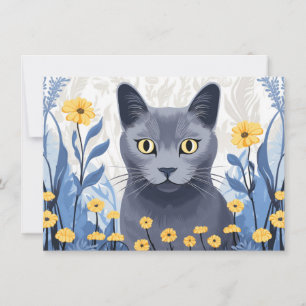Russian Blue Cat Yellow Flowers Thank You Card