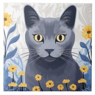 Russian Blue Cat Yellow Flowers Tile