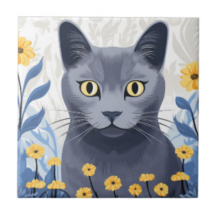 Russian Blue Cat Yellow Flowers Tile