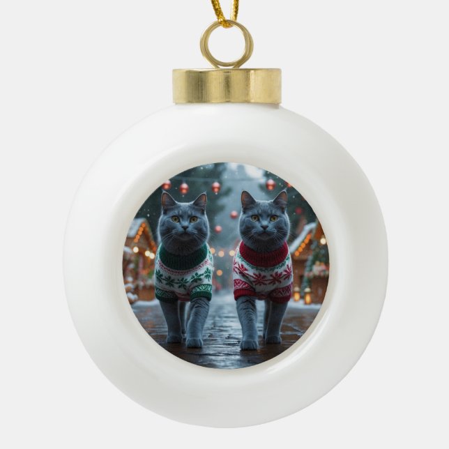 Russian Blue Cats Christmas Snow Holiday  Ceramic Ball Christmas Ornament (Front)