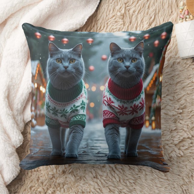Russian Blue Cats Christmas Snow Holiday  Cushion (Blanket)