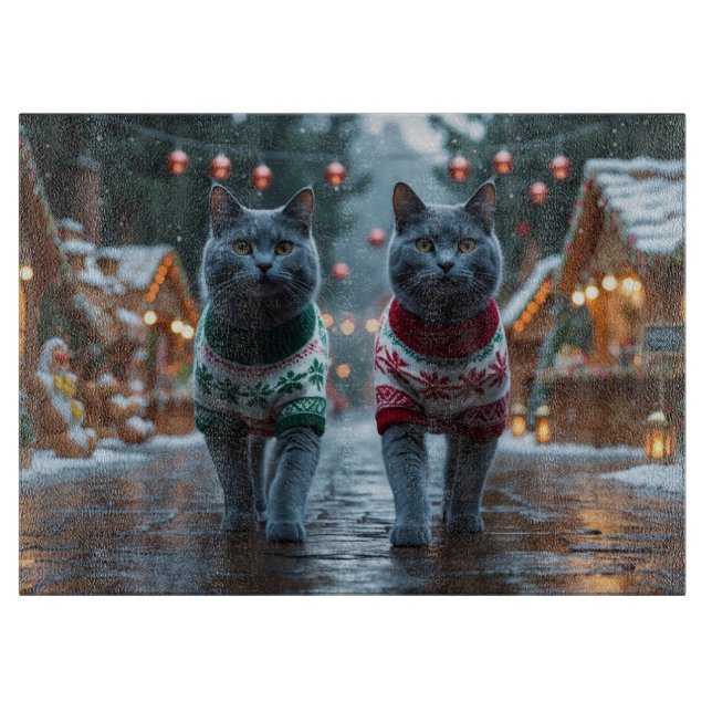 Russian Blue Cats Christmas Snow Holiday  Cutting Board (Front)