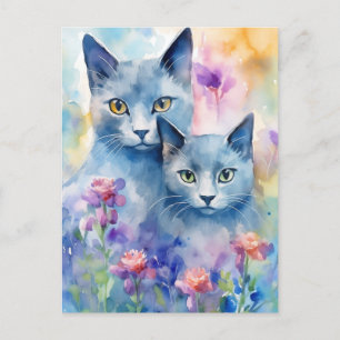 Russian Blue Cats Flower field Postcard