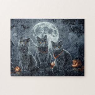 Russian Blue Cats Halloween Spooky Jigsaw Puzzle