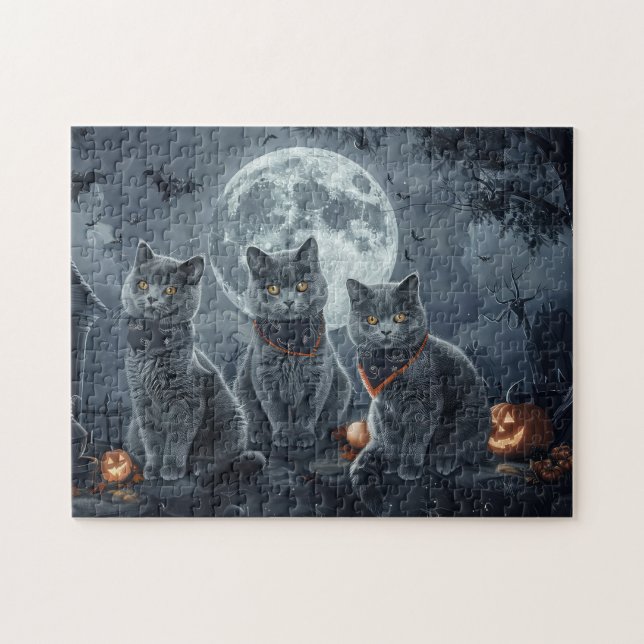 Russian Blue Cats Halloween Spooky Jigsaw Puzzle (Horizontal)