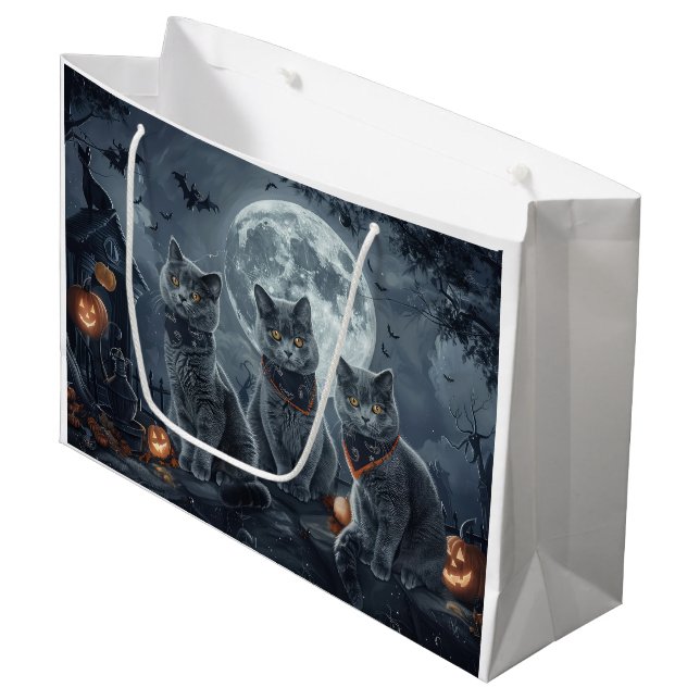 Russian Blue Cats Halloween Spooky Large Gift Bag (Front Angled)