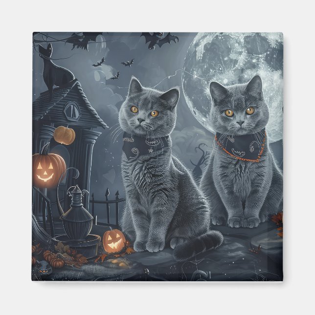 Russian Blue Cats Halloween Spooky Magnet (Front)