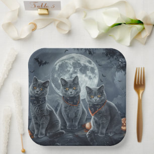 Russian Blue Cats Halloween Spooky Paper Plate