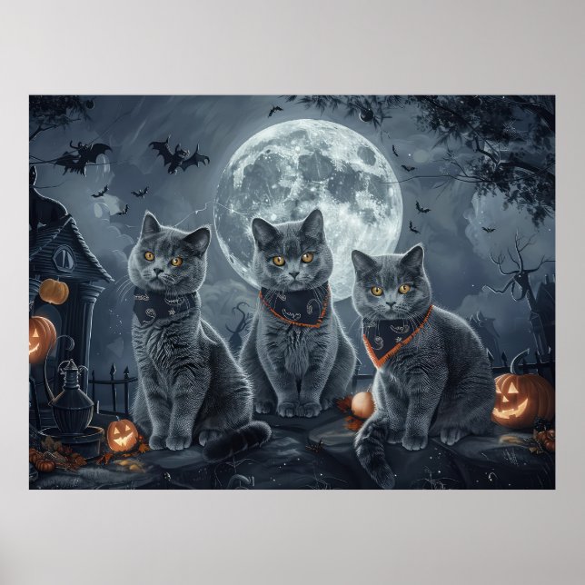 Russian Blue Cats Halloween Spooky Poster (Front)