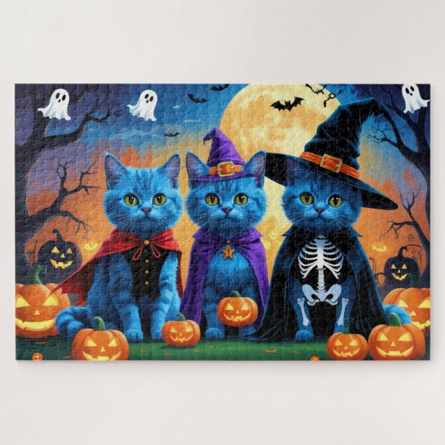 Russian Blue Cats Pumpkin Halloween Funny  Jigsaw Puzzle (Horizontal)
