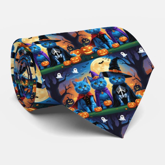 Russian Blue Cats Pumpkin Halloween Funny  Tie (Rolled)