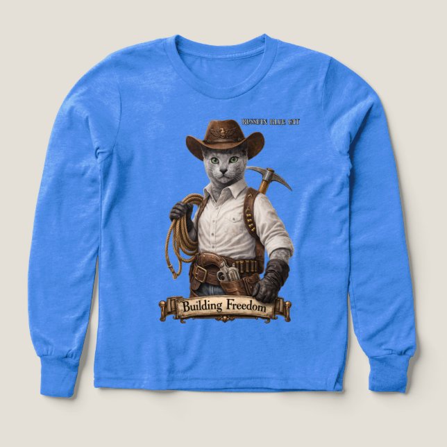 Russian Blue Cowboy Cat – Building Freedom (Design Front)
