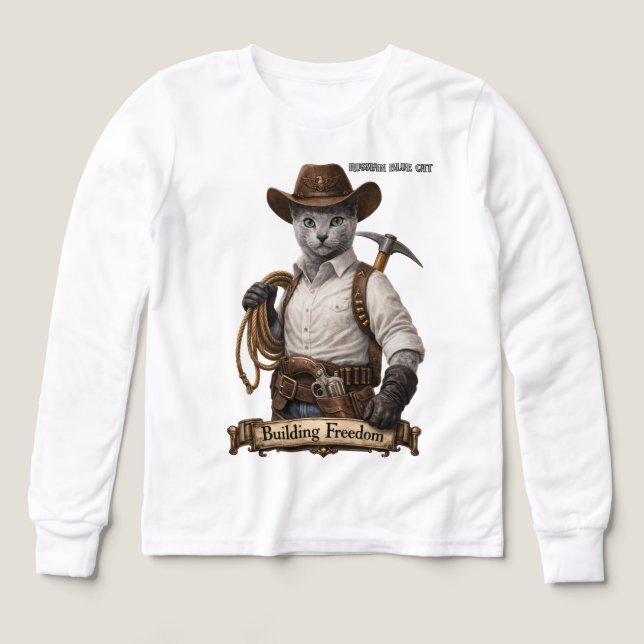 Russian Blue Cowboy Cat – Building Freedom (Design Front)