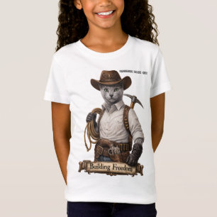 Russian Blue Cowboy Cat – Building Freedom T-Shirt