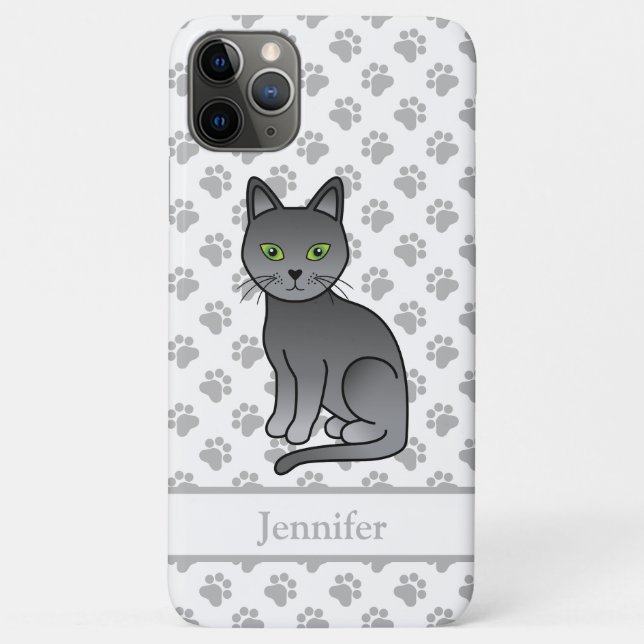 Russian Blue Cute Cartoon Cat Illustration & Name Case-Mate iPhone Case (Back)