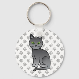 Russian Blue Cute Cartoon Cat Illustration & Paws Key Ring