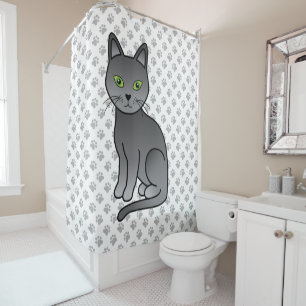 Russian Blue Cute Cartoon Cat Illustration & Paws Shower Curtain