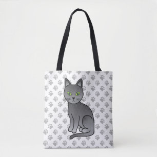 Russian Blue Cute Cartoon Cat Illustration & Paws Tote Bag