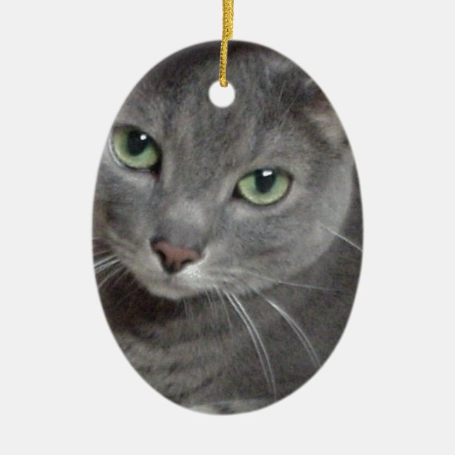 Russian Blue Grey Cat Ceramic Tree Decoration (Front)
