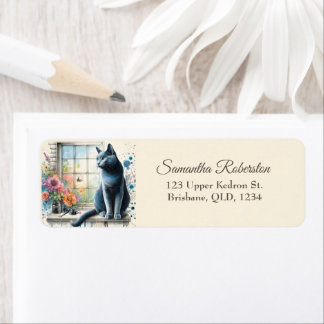 Russian Blue Grey Cat on Window Summer Flower