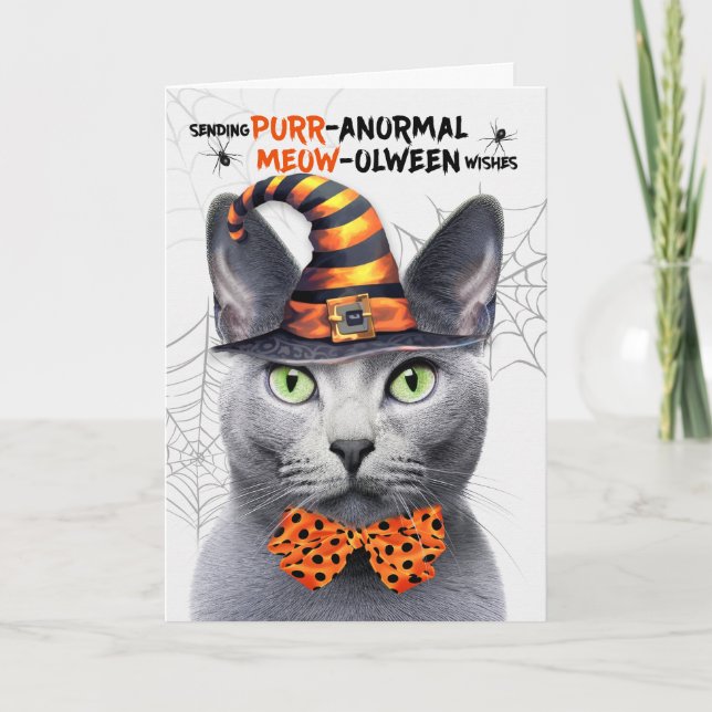 Russian Blue Grey Cat PURRanormal MEOWolween Holiday Card (Front)