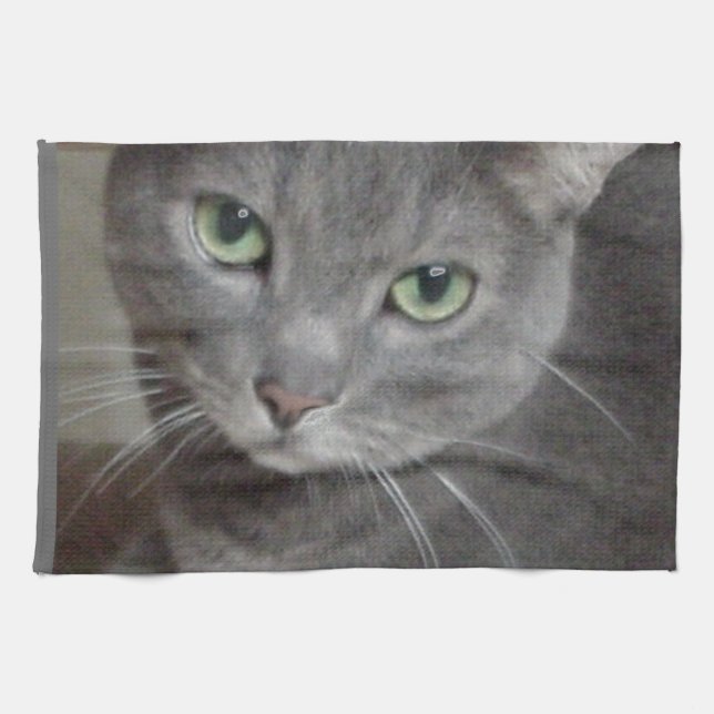 Russian Blue Grey Cat Tea Towel (Horizontal)