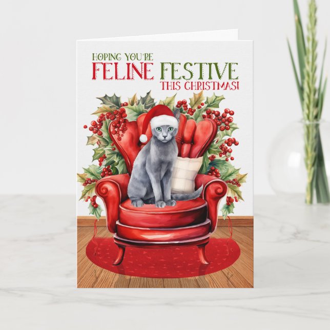 Russian Blue Grey Christmas Cat FELINE Festive Holiday Card (Front)