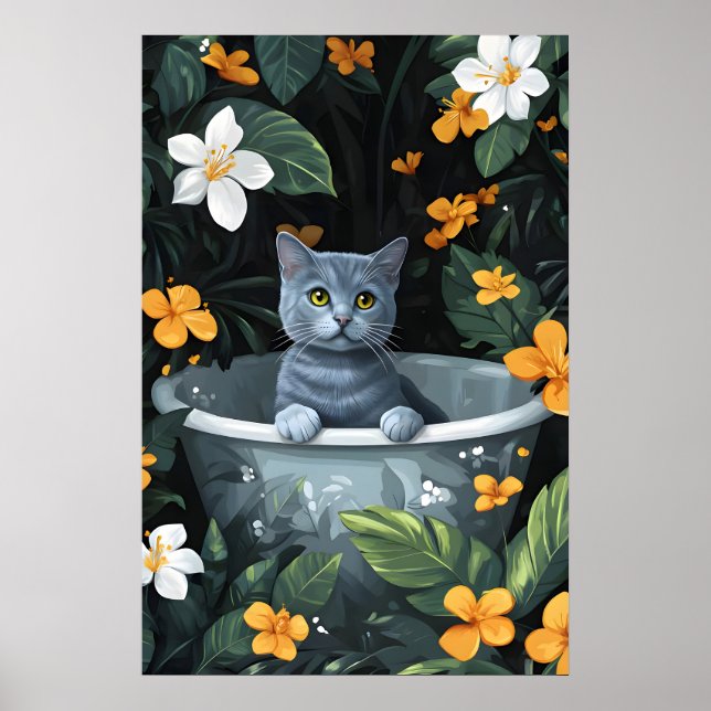 Russian Blue In Bathtub Poster, Funny Cat Poster (Front)